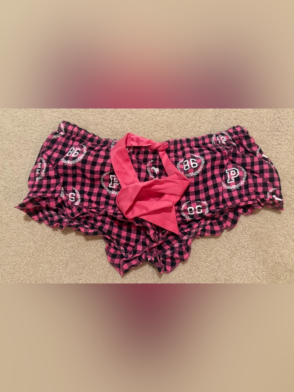 PINK Victoria's Secret Black & Hot Pink Plaid Lounge Shorts with Tie